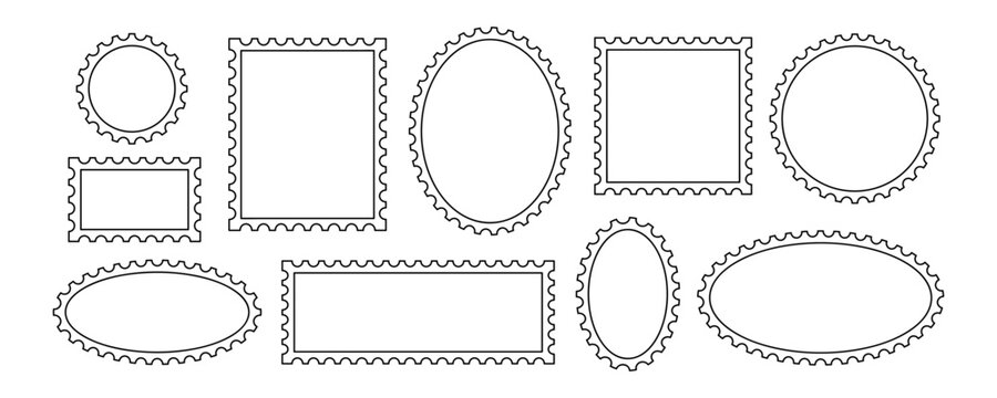 set kit template sticker sample mockup for stamp frame. element picture layout cover clipart with black outline and oval circle shape. postage edge border for postcard ticket and blank photo.