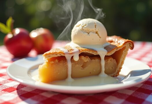 Apple Pie Slice with Vanilla Ice Cream on Checkered Picnic Cloth Under a Sunny Sky
