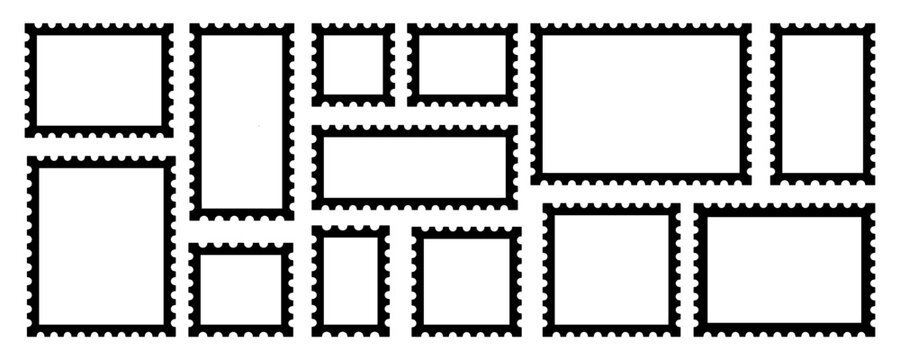 set kit template sticker sample mockup for stamp frame postcard. element picture layout cover clipart with black postage edge and photo border. blank rectangle design for postal card and paper label.