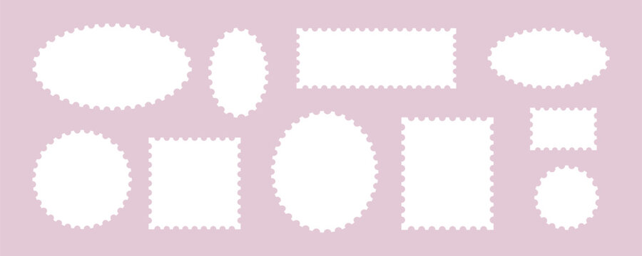 set kit template sticker sample mockup for postage frame. element picture layout cover clipart with pink background and white cut shape. stamp border collection for oval square rectangle and circle.