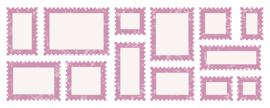 stamp frame postcard ticket postage edge for photo paper border. postal letter sticker template with pink grunge texture and blank layout. vintage set kit mockup element for scrapbook cover clipart.