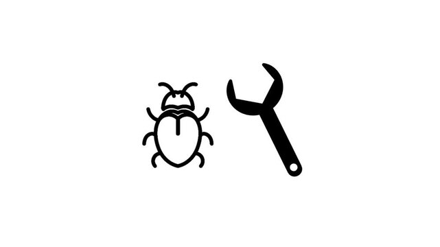 Bug fixing icon featuring bug symbol and wrench. Visual representation of software debugging, maintenance, repair, and system improvement.