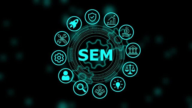 Digital sem search engine marketing concept displayed with glowing cyan arranged in a circular pattern over a dark background with gear motifs