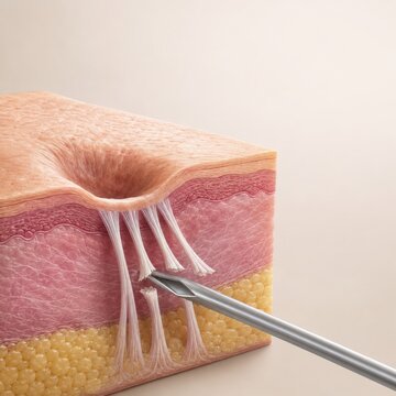 Detailed 3D Illustration of Skin Layer Showing Collagen Fiber Extraction with Metal Tool