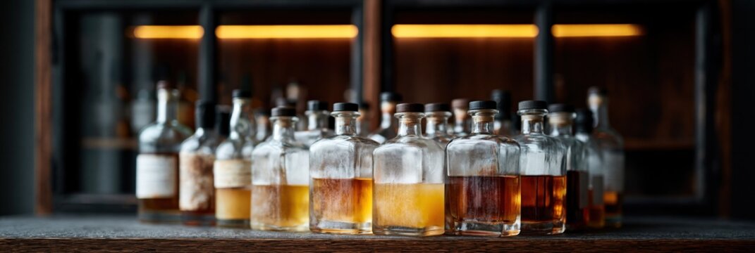 Assorted small glass bottles with amber liquid on wooden counter for beverage background and product banner