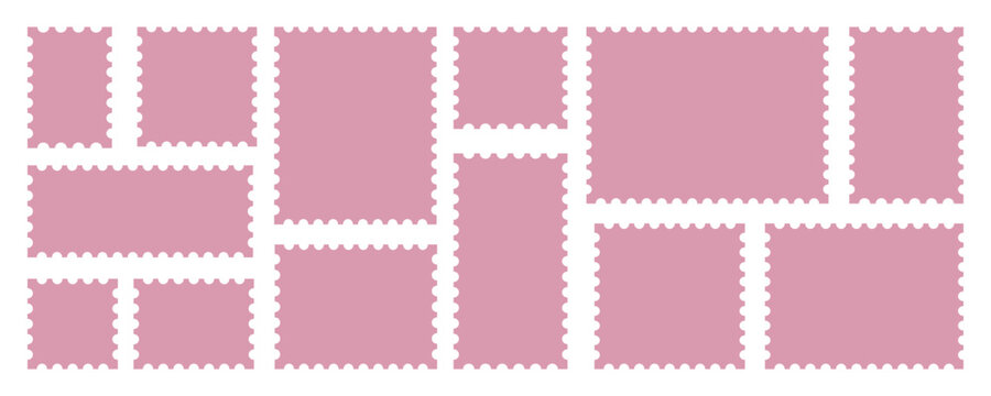 stamp frame postcard ticket postage edge for photo paper border. postal letter sticker template with scallop sample and pink set layout. clean vector element for scrapbook cover clipart and mockup.
