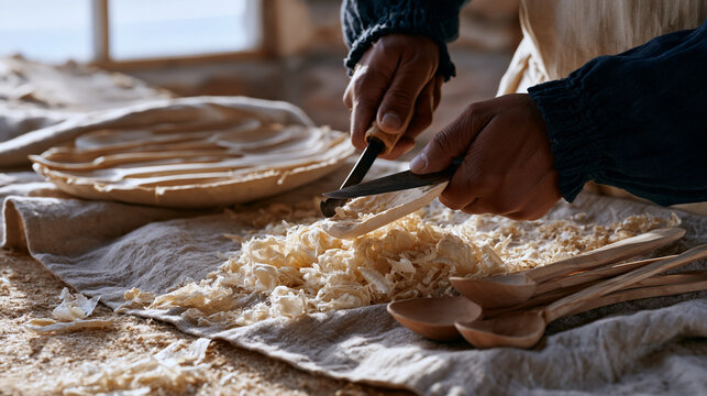 Close up of a spoon carver's hands guiding a hook knife through pale basswood, long thin curls of wood peeling away from the bowl hollow, a finished set of carved utensils resting