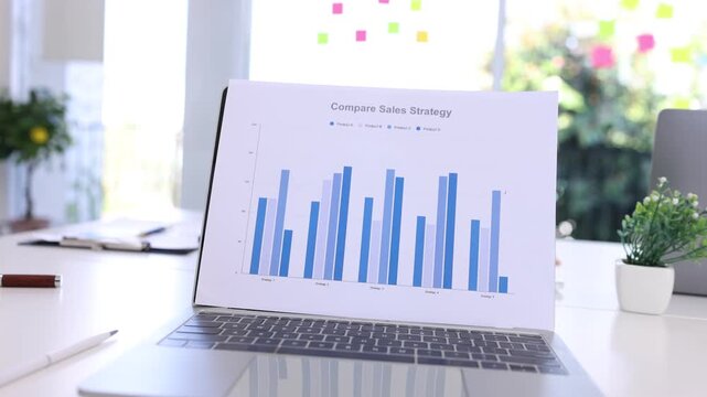 A modern laptop placed on an office desk displaying a sales strategy comparison bar chart, surrounded by professional workspace elements.
