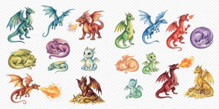 Fantasy Watercolor Dragon Collection with Various Mythical Creatures in Different Poses and Colors.