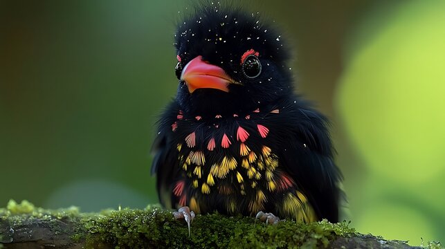 Small black bird with colorful chest markings perched on mossy branch
