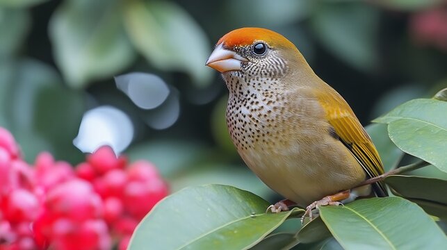 Small brown bird with orange head perched on green leaf beside pink flower