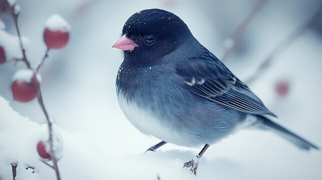 Small dark bird perched on snowy branch with red berries