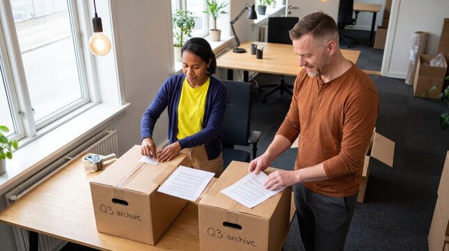 Generative AI, Coworkers packing documents into archive boxes while moving or organizing the office