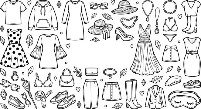 Hand drawn fashion doodle collection featuring dresses shoes accessories jewelry handbags and stylish clothing outline vector illustrations