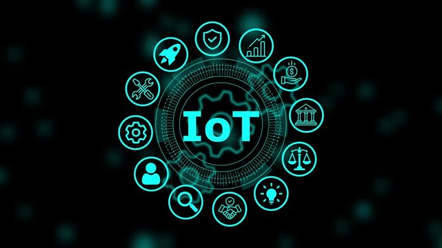 Internet of io t concept displayed with glowing cyan and a central text label arranged in a circular pattern on a dark background
