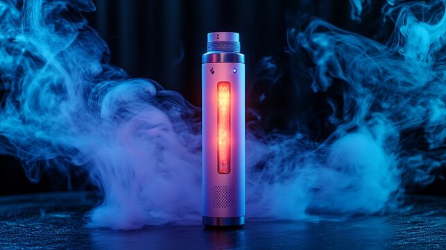 Vaporizer device glowing with internal light surrounded by blue smoke clouds