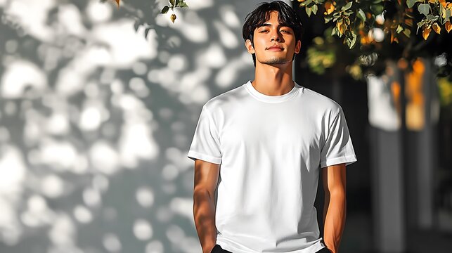 Young man standing outdoors wearing a white t shirt