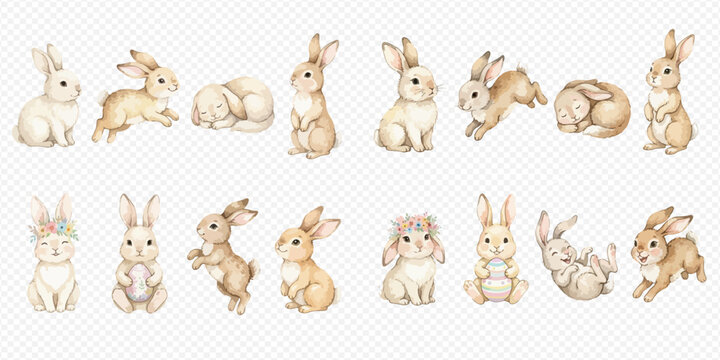 Watercolor set of cute Easter bunnies in various poses and expressions, perfect for spring and holiday designs.