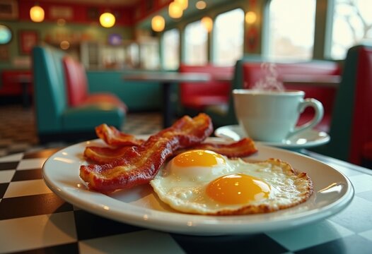 Classic Retro Diner Breakfast Bacon Eggs Fluffy Toast Nostalgic Comfort Food Vibes