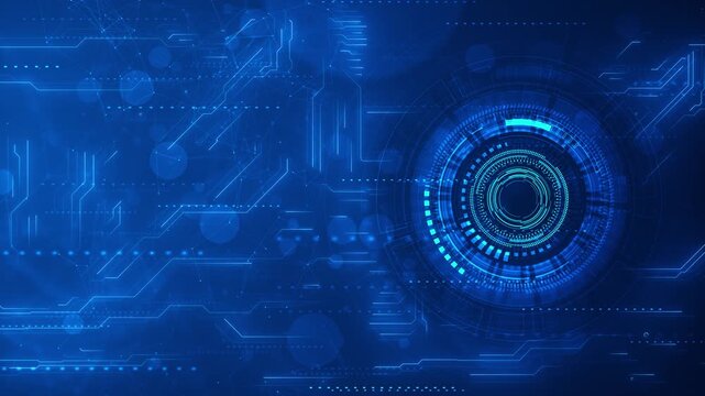 Blue tech interface ring visual with bright circular HUD, circuit paths, dotted nodes, and deep cyber layout. Perfect for technology videos, AI titles, data screens, software demos, and overlays.