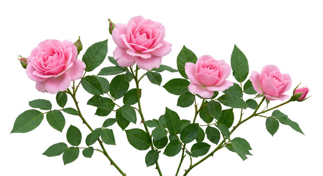 Delicate pink roses bloom on green stems with leaves and buds