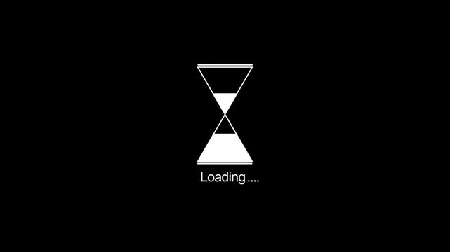 Minimal loading timer icon visual with white hourglass symbol, black empty background, centered waiting text. Perfect for app intros, buffering videos, software screens, title pauses, and overlays.