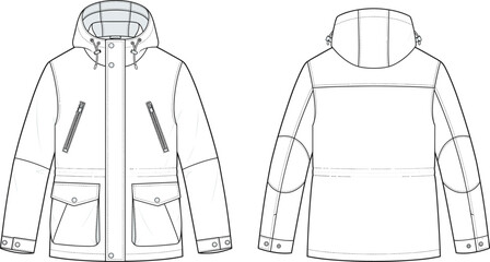 Fashion design technical sketch of a hooded parka jacket with drawstrings, zipper, and pockets for outdoor wear © uzzala