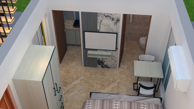 High-angle 3D interior render of a compact modern flat. Highlights a functional layout with a bed, dining area, and a prominent marble TV wall panel, alongside marble flooring throughout
