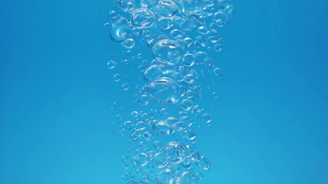 Air bubbles rising in clear blue water during a close-up macro shot with cinematic motion