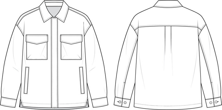 Fashion design technical sketch of a men's long sleeve utility overshirt jacket with chest and side pockets