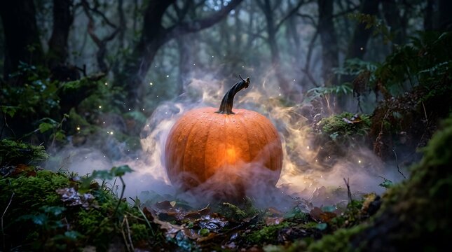 Glowing Halloween pumpkin in dark forest. Spooky jack-o-lantern with fog in misty woods.