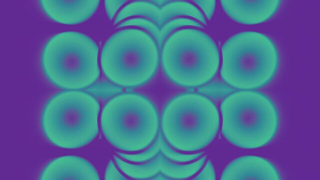 High contrast 4K background with pulsing 3D spheres. Deep purple and neon mint colors create a hypnotic symmetrical pattern. Seamless 3D render loop for cyberpunk, synthwave, and VJ sets