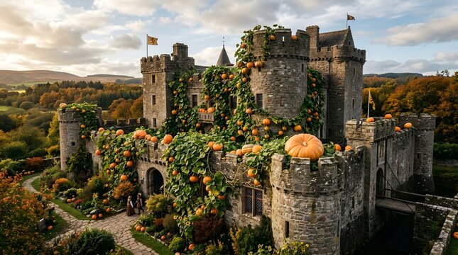 Stone castle decorated with pumpkins. Autumn landscape with a historic fortress.