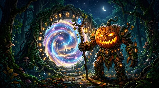 Halloween pumpkin monster guarding a magic portal. Fantasy creature in a dark forest.
