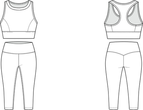 Fashion design technical sketch of a women's athletic sports bra and high-waisted leggings set for activewear
