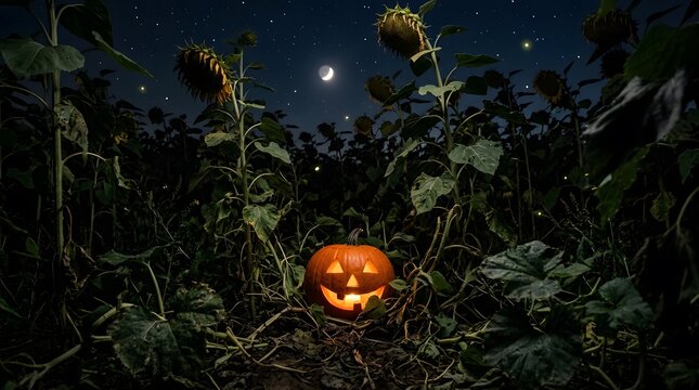 Glowing Halloween pumpkin in a field. Spooky jack-o-lantern under a starry night sky.