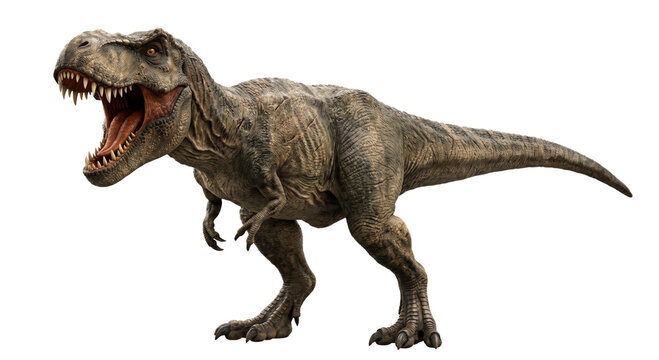 Fierce Tyrannosaurus Rex dinosaur roaring with mouth open and sharp teeth visible
