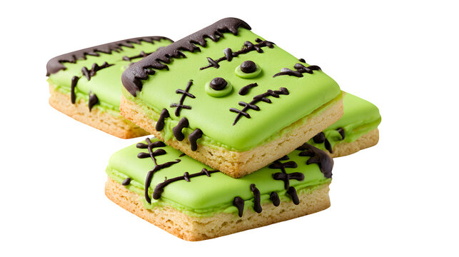 Frankenstein monster cookies with green icing and chocolate stitches isolated on transparent background