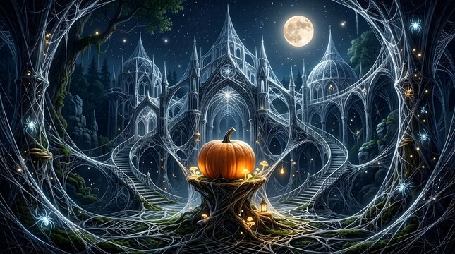Glowing pumpkin in a magical forest. Enchanted castle scene with fairy lights and moon.