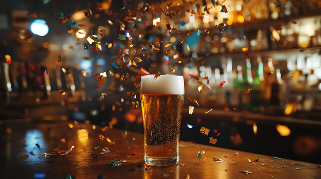  beer glass with foam and confetti, celebration