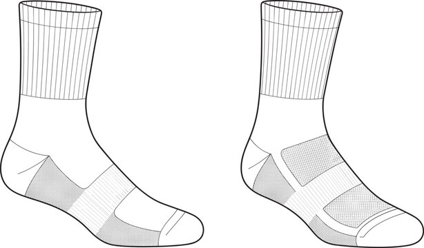 Fashion design technical sketch of athletic performance crew socks with compression zones and textured grip detailing