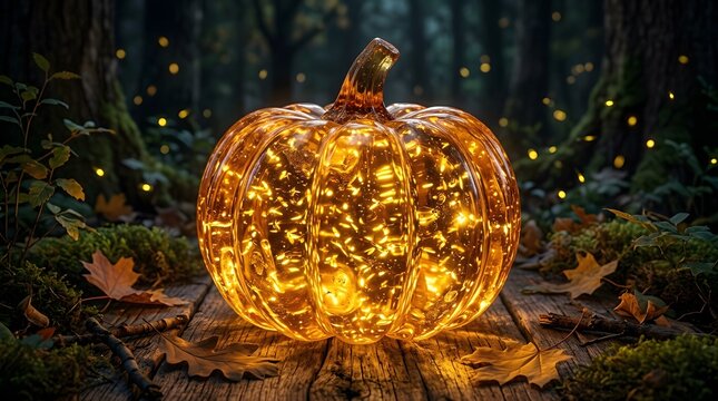 Glowing pumpkin with fairy lights in forest. Magical autumn decor for Halloween night.