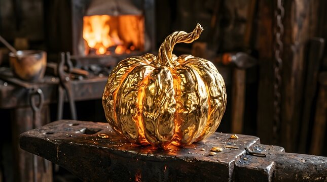 Golden pumpkin on a blacksmith anvil. Metallic autumn squash in a rustic forge workshop.