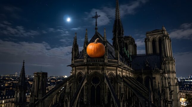 Halloween pumpkin on gothic cathedral roof. Spooky night scene with full moon and church.