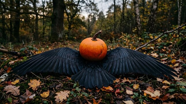 Halloween pumpkin with black wings in forest. Spooky autumn holiday decor on fallen leaves.