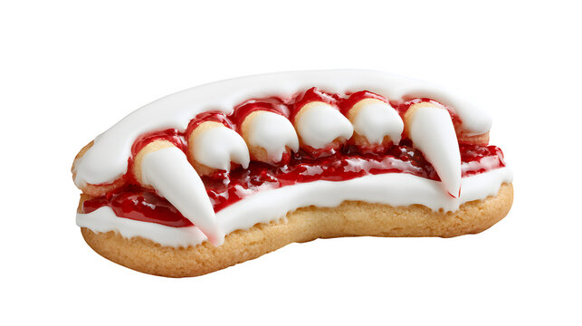vampire teeth cookie with white icing and red jam isolated on transparent background