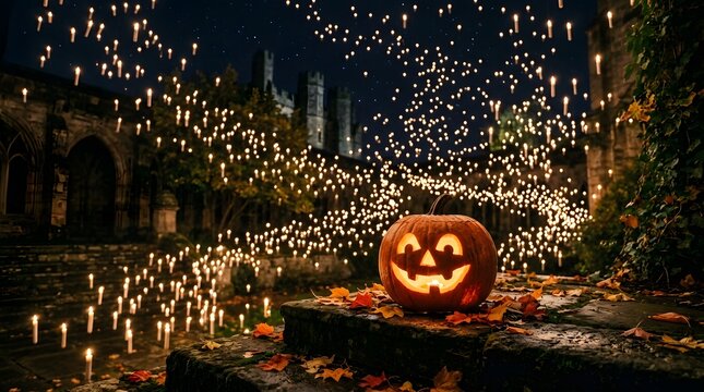 Halloween pumpkin with glowing candles. Jack-o-lantern at night with magical fairy lights.