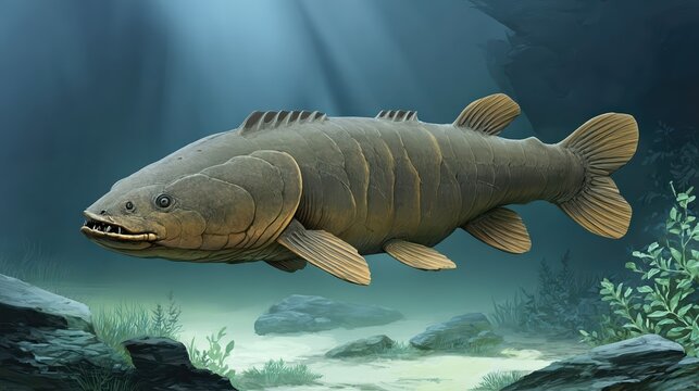 A fierce Dunkleosteus emerges from deep ocean darkness, its armored head illuminated by dramatic surface light. This prehistoric predator commands the ancient aquatic scene.