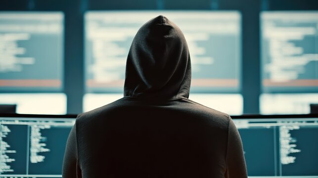 Silhouette of a hooded hacker in a dark room, surrounded by glowing screens of code. This cinematic scene captures the intense, anonymous world of cybersecurity threats.