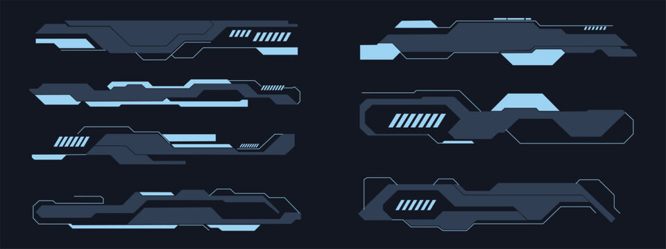 Futuristic HUD sci-fi lower thirds set with tech UI frame banners. Vector illustration of abstract digital cyber callout box collection, modern gaming information display interface template.